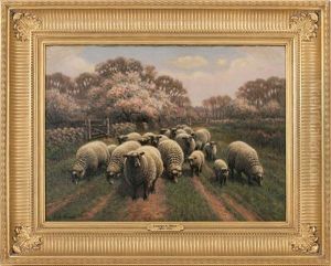 Sheep On A Country Road Lined With Cherry Blossoms