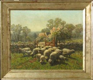 Sheep In Pastoral Cottage Landscape by George Arthur Hays
