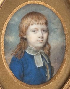 A Portrait Miniature Of A Young Boy Wearing A Blue Coat And White Bands by Charles Hayter