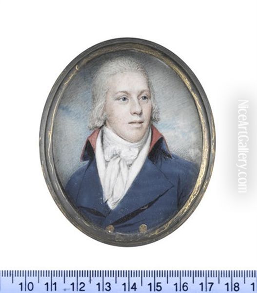 A Gentleman, Wearing Double-breasted Blue Coat With Red Collar, White Waistcoat, Chemise, Stock And Cravat, Powdered Hair - view 1