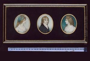 Portrait Of A Lady, Profile To The Right, Wearing White Dress With Blue Ribbon At Her Waist And Shoulder, Matching Bandeau In Her Curled And Plaited Hair (+ 2 Others; 3 Works) by Charles Hayter