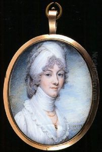 A Lady In White Dress With Frilled Collar, White Scarf At Her Neck And Matching Bandeau In Her Hair