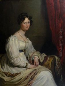 Portrait Of A Young Lady Wearing A White Dress With Blue Sash Seated In An Interior