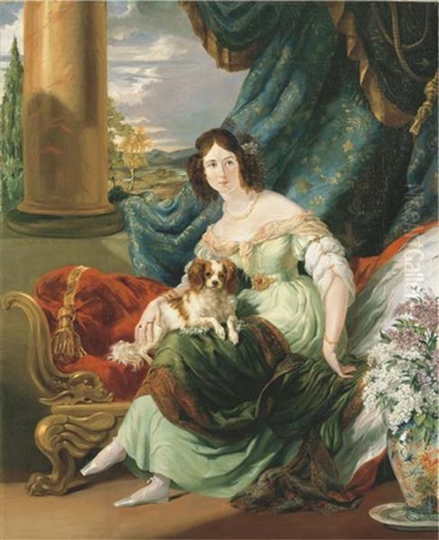 Portrait Of Charlotte, Countess De La Bourdonnaye, In A Green Dress, Seated On A Day Bed, A Dog On Her Lap, An Extensive Landscape Beyond - view 1