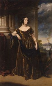 Portrait Of A Lady Standing In A Brown Velvet Gown And Holding A Blue Sash, A View Of Naples And Mount Vesuvius Beyond