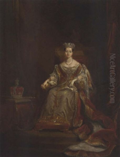 Portrait Of Queen Victoria In Ceremonial Robes, The Crown And Sceptre By Her Side - view 1