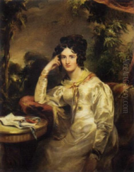 Portrait Of A Lady In A White Dress, A Miniature And Letter On A Table By Her Side, In A Landscape - view 1