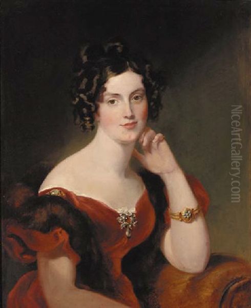 Portrait Of Lady Elizabeth Harcourt In A Red Dress And Fur Wrap - view 1