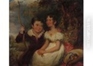 Portrait Of The Children Of John Henry Vivian Esq. Seated In A Landscape, The Boy Holding An Archers Bow by John Hayter