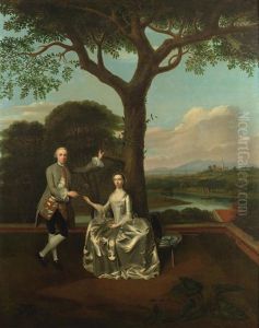 Portrait Of David Gavin Of Gavinton & His First Wife, Christine, Full-length, Before A Landscape by Edward Haytley