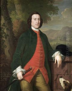 Portrait Of John Clayton, Three-quarter-length, In A Blue Coat And Red Waistcoat, Standing Beside A Fox Hound In A Landscape by Edward Haytley