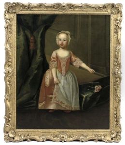 Portrait Of A Young Girl (catherine Smith Barry?) In A Pink Dress And Bonnet, Before A Blue Curtain by Edward Haytley