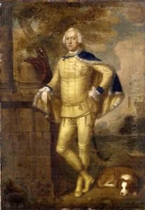 Portrait Of John Manners, Marquis Of Granby, In Masquerade Hussar's Costume, With A Spaniel And Column In A Landscape, Belvoir Castle Beyond
