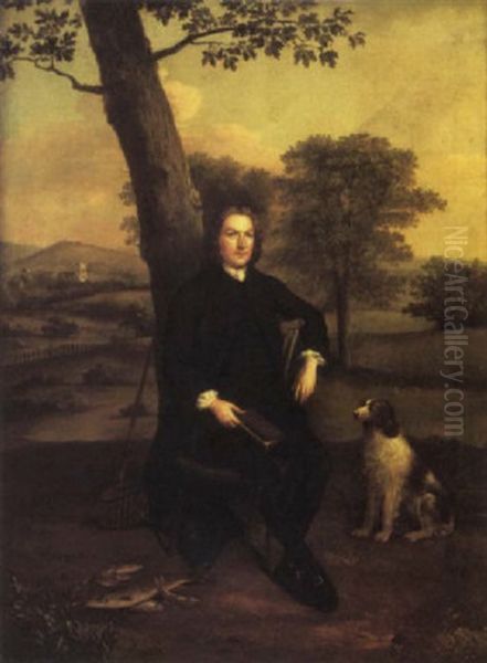 Portrait Of A Gentleman In Black Costume, Holding A Book In His Right Hand, With Fish, A Rod, A Creel And A Dog, In A Landscape - view 1
