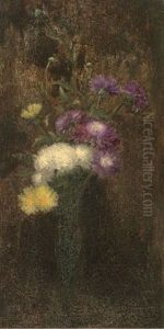 Purple, White And Yellow Flowers In A Tall Vase by Alfred Frederick William Hayward