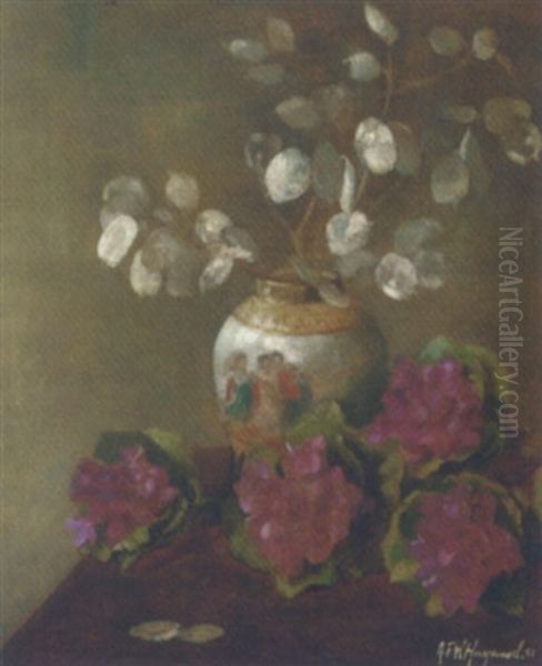 Honesty In A Vase And Posies Of Violets On A Table - view 1