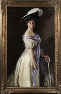 Portrait Of A Woman In Plumed Hat, Holding An Umbrella