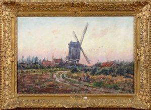 Paysage Anime Au Moulin A Vent by Alfred Hazledine