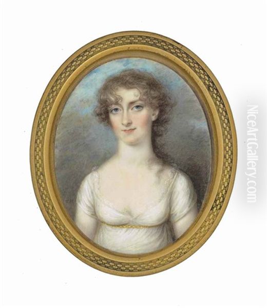 A Young Lady, In White Dress With Gold Waistband - view 1