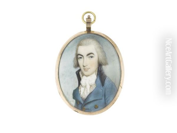 A Gentleman, Wearing Blue Coat And Embroidered Waistcoat, White Frilled Chemise And Tied Cravat, His Hair Powdered - view 1