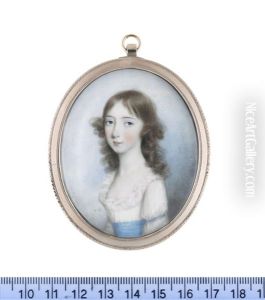 Mary Harrop, Wearing White Dress With Frilled Trim, Blue Sash And Matching Ribbon At Her Sleeve, Her Long Locks Worn Loose