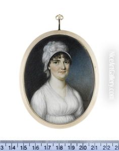 A Lady, Wearing White Dress And Bonnet Dressed With Lace, Sash Ribbon And Plumes, Her Dark Hair Curled And Upswept