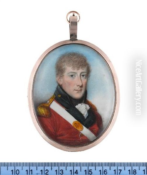 An Officer, Wearing Red Coat With Black Facings And Standing Collar, Gold Buttons And Epaulettes, White Cross Belt With Oval Gilt-metal Belt Plate Engraved Smr, White Frilled Chemise And Black Stock - view 1
