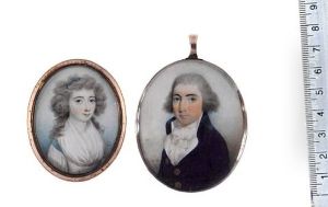 Lady Wearing Blue Trimemed White Dress (+ Gentleman Wearing Blue Coat; 2 Works) by Thomas Hazlehurst