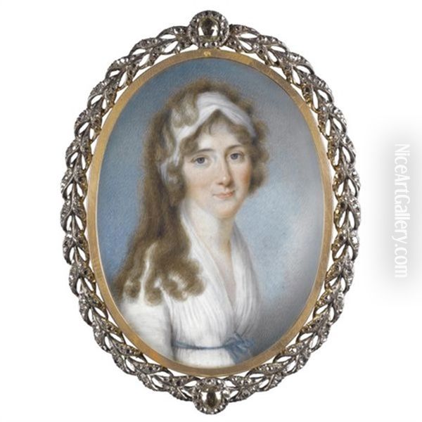 Portrait Of A Lady Wearing A White Dress, Blue Ribbon And A White Bandeau - view 1