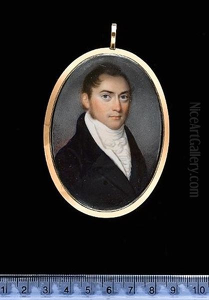 A Gentleman Wearing Blue Coat With Velvet Collar, White Waistcoat, Frilled White Chemise And Tied Cravat - view 1