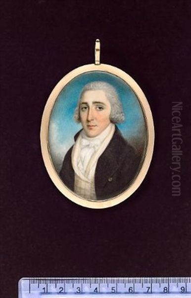 A Gentleman Wearing Black Coat With Velvet Collar, Striped Yellow And White Waistcoat And Tied White Cravat, His Hair Powdered - view 1