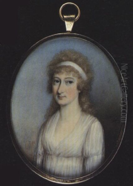 A Lady Wearing White Decollete Dress, A White Ribbon In Her Curled Hair - view 1