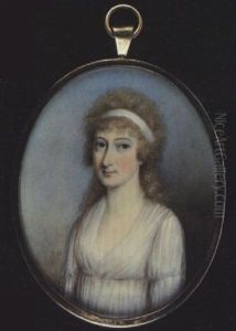 A Lady Wearing White Decollete Dress, A White Ribbon In Her Curled Hair by Thomas Hazlehurst