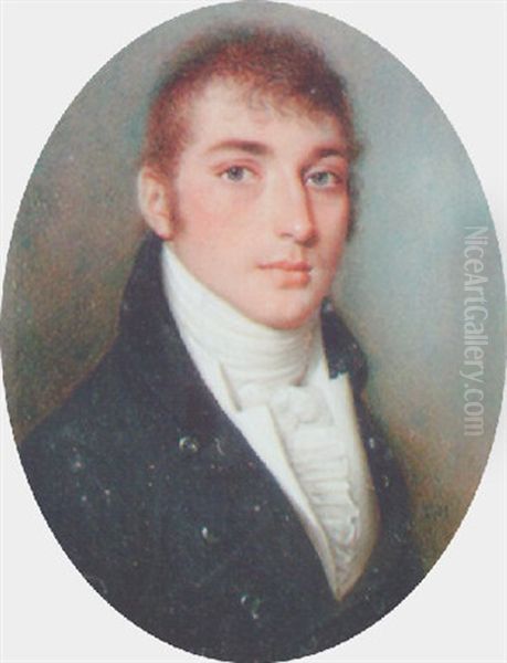 A Fine Portrait Of A Gentleman, Wearing A Black Coat With Silvered Buttons, A White Waistcoat, Stock And A Frilled Cravat - view 1