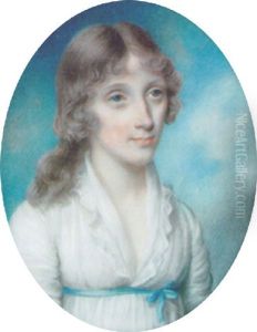 A Pretty Young Lady, With A White Bandeau In Her Curling Brown Hair, Wearing A Low-cut White Dress With Frilled Border