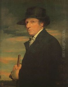 Portrait Of The Reverand John Disney Ddfsa Wearing A Black Coat And Hat, Holding A Jockey's Whip, A Landscape At Sunset Beyond by Guy Head