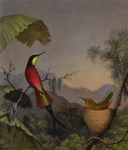 Crimson Topaz" Hummingbirds Nesting Near A Palm Tree by Martin Johnson Heade