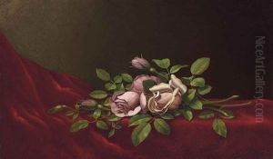 Pink Roses On A Red Cloth by Martin Johnson Heade