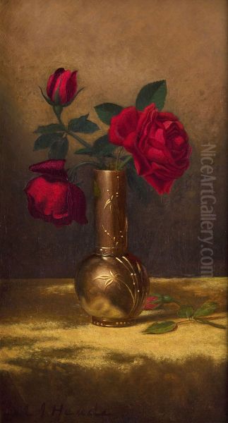 Red Roses In A Japanese Vase On A Gold Velvet Cloth - view 1