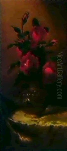 Red Roses In A Transparent Vase On Yellow Velvet - view 1