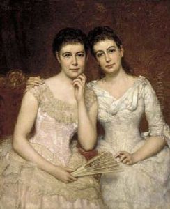 Portrait Of Miss Sophie Burnley And Miss Charlotte Heath Burnley In White And Pink Dresses, In An Interior by George Peter Alexander Healy