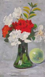 Orange And White Flowers In A Green, Bell-bottomed Vase by Michael Healy