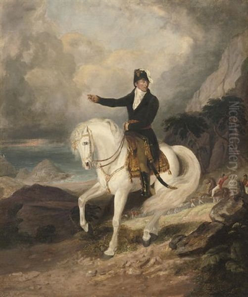 Equestrian Portrait Of The Duke Of Wellington With Troops And A Coastal Landscape Beyond - view 1
