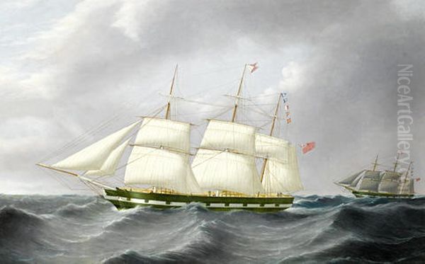 The Full-rigged "william Fisher" Sailing In Company With The Barque Nithsdale, Each Vessel Sporting The House Flag Of Martin & Co. Of Dumfries - view 1