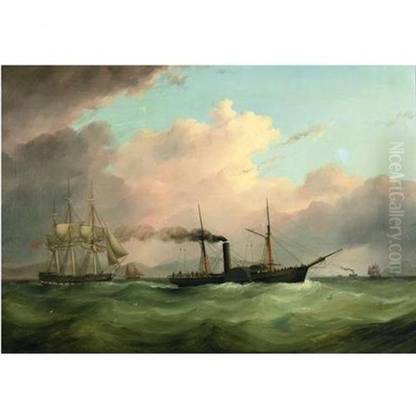 A British Paddle Steamer Towing A Becalmed Sailing Ship Out Of Danger - view 1