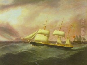 British Bark "humphrey Nelson", Flying Four Signal Flags Off The Top Of The Rear Mast And The English Flag Off The Gaff by Joseph Heard