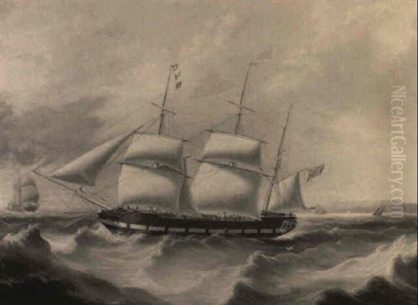 Barque And Other Vessels In Stormy Seas Off Coast - view 1