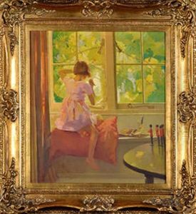 A Small Girl In A Nursery Stencilling A Design On The Window by Frank Gascoigne Heath