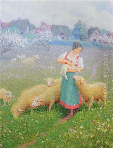 Shepherdess With Flock Of Sheep In Spring Landscape - view 1