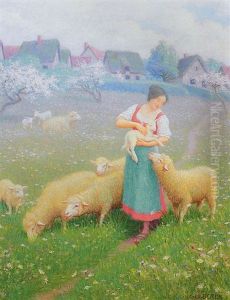 Shepherdess With Flock Of Sheep In Spring Landscape